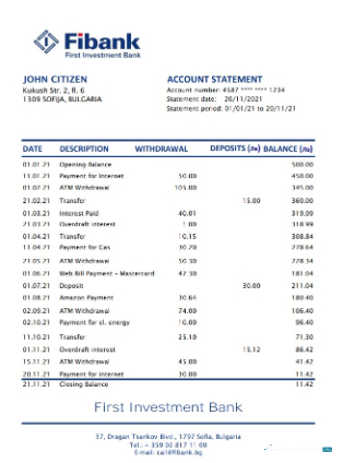 Download Bulgaria Fibank bank statement excel Photoshop template